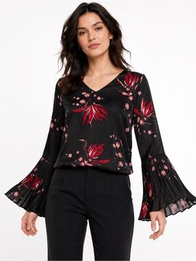 Dark Feminine Romantic Floral Blouse Pleated Bell Sleeves Dinner Date Top